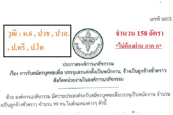 วุฒิ ม. 3 - ป.โท( 158 อัตรา ) องค์การเภสัช รับสมัครบุคคลเพื่อบรรจุและแต่งตั้งเป็นพนักงาน รับสมัครออนไลน์